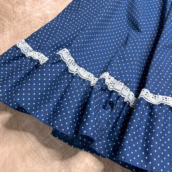 Vintage 70s Polka Dot Ruffled Midi Skirt Navy Blue Lace Western Cottagecore Boho - Picture 2 of 5